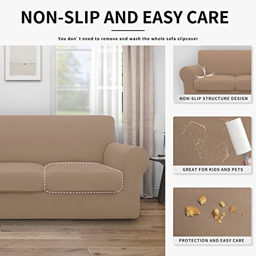 Image of Easy-Going Waterproof 3-Piece Loveseat Cover Couch Covers for Sofa | Stretch Spandex Sofa Cover Protector Bottom for 2 Cushion Couch Dog Pet Friendly Living Room Camel