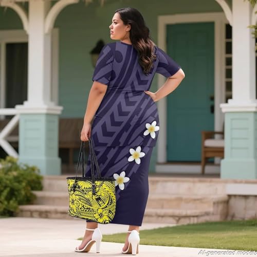 Image of Polynesian Dress for Women Short Sleeve High Waist Maxi Skirt | Puletasi dress, t-shirt and skirt two-piece, elastic material, lightweight, soft, plus size, luau party, wedding, clubwear