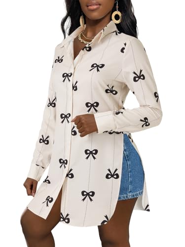 Image of LYANER Women's Collar Neck Long Sleeve Button Down Shirts Sexy Split Hem Tops Long Blouse Shirt Dress