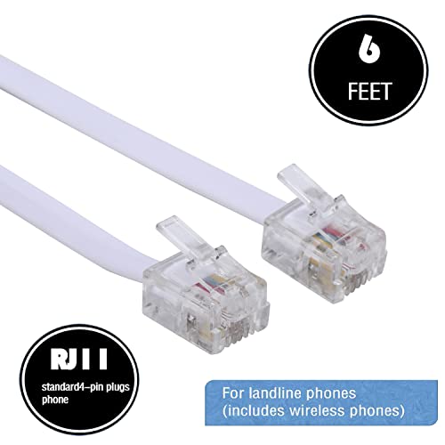 Image of Telephone landline Extension Cord Cable Cord with Standard RJ-11 6P4C Plug (6Ft-3Pack-White, White)