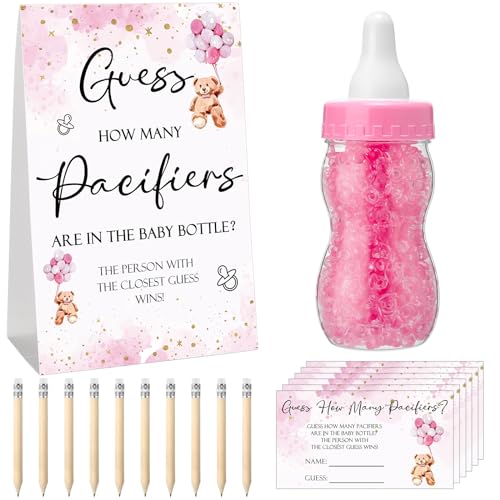 Image of Roowest 512 Pcs Baby Shower Games Guess How Many Pacifiers Sign 100 Small Guessing Games 10 HB Pencils 750ml Milk Bottle 400 Acrylic Pacifiers Decoration for Guest Gender Reveal(Pink,Bear)