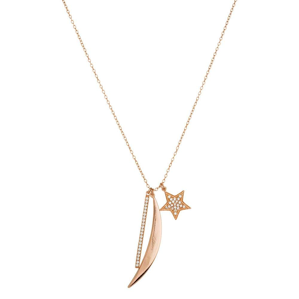 Element Jewelry14k Rose Gold over 925 Silver Star, Moon & Bar Necklace with CZs- 16 + 2 IN