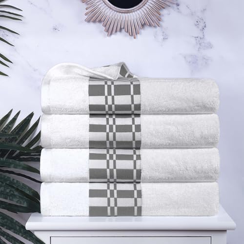 Superior 4-Piece Cotton Bath Towel Set, Geometric Design, Dobby Border, Body Towel for Bathroom, Guest Bath, Spa, Resort, Hotel, Airbnb, Home Essentials, Adult, Kids, Larissa Collection, White