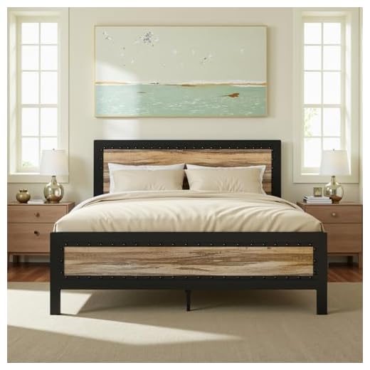 SHA CERLIN Heavy Duty Metal Bed Frame Queen Size/Wooden Headboard Footboard with Rivet/ 13 Strong Metal Slats Support/No Box Spring Needed/Mattress Foundation/Easy Assembly