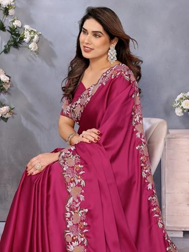 Image of Pandadi Saree Women's Satin Embroidery Work Saree With Unstitched Blouse Piece