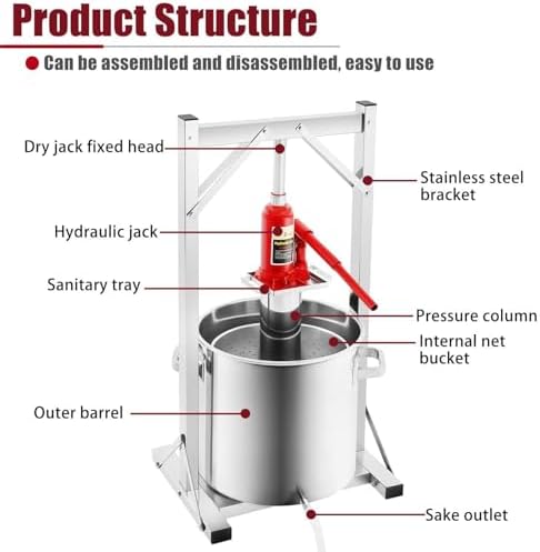 12L/22L/36L Hydraulic Fruit Wine Press - 304 Stainless Steel Cider & Manual Juicer Press, Non-Stick Barrel, Commercial Extractor for Grapes, Carrots & Vegetables