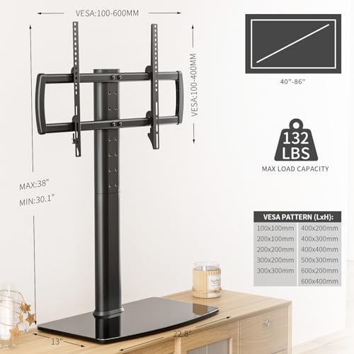 Image of Universal Swivel TV Stand /Base Table Top Stand 40 to 86 inch TVs 110 Degree Swivel, 5 Level Height Adjustable, Heavy Duty Tempered Glass Base, Holds up 132lbs Screens, HT04B-003