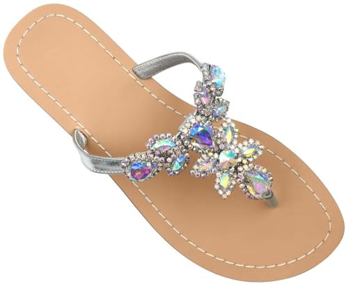 Image of Rhinestone Sandals for Women - Sparkly Jeweled Bling Thong Flip Flops, Dressy Gemstone Flat Sandals for Wedding, Party, Beach & Summer Outfits