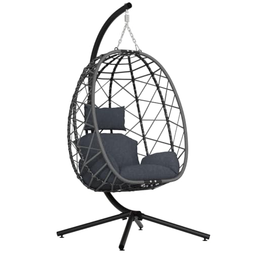 SWITTE Hanging Egg Chair with Stand Outdoor, Wicker Patio Swing, Grey