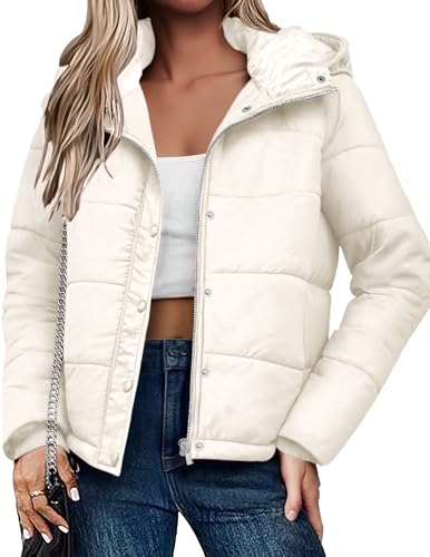 Zeagoo Wintermäntel Damen Warme Winterjacke Kurze Steppmantel Leichte Steppjacke Übergangsjacke mit Kapuze Parka mit Taschen Beige M