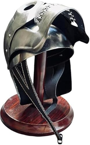 Medieval Armor Skeleton Skull Helmet, Silver, Full Face Protection, Decorative Display with Wooden Stand, for LARP, Cosplay, Historical Reenactments