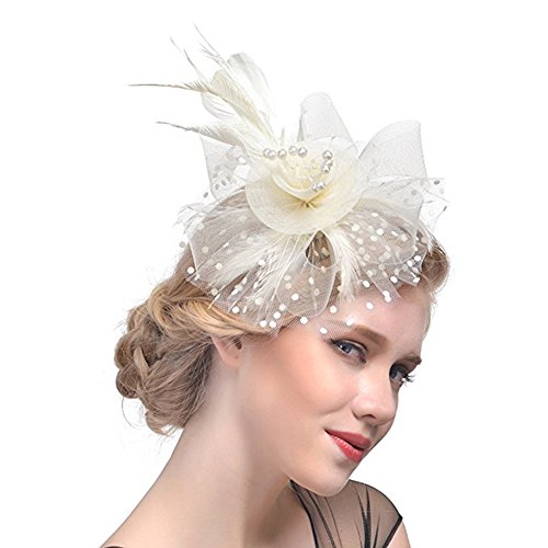 Image of DRESHOW Fascinators Hat Flower Mesh Ribbons Feathers on a Headband and a Clip Tea Party Headwear for Girls and Women