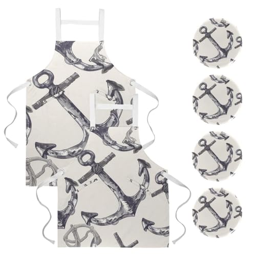 Lot de 2 tabliers de cuisine rétro gris imprimé ancre idée cadeau