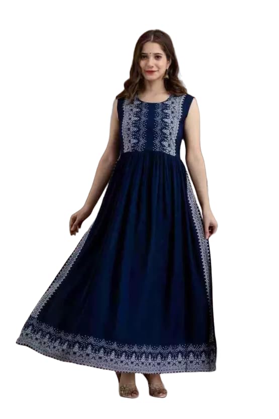 GenericBS Fashion Women Flared Casual Maxi Dress Cape Sleeves with Floral Print (Navy Blue)