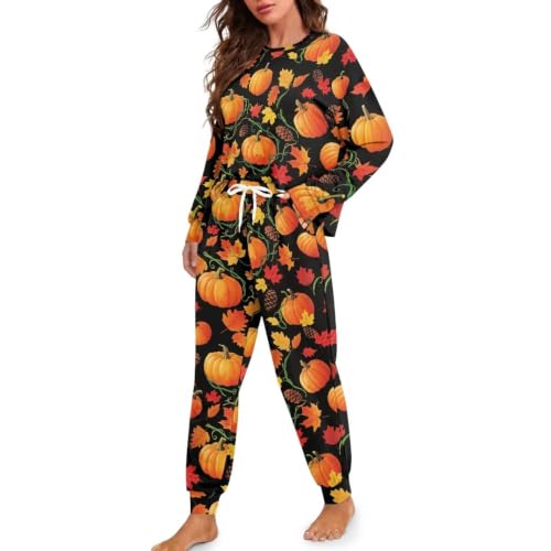Image of Womens Lounge Set Long Sleeve Soft Pajama Sets | Casual 2 Piece Pj Outfit, Crewneck Sleepwear with Pockets, Adjustable Drawstring, Soft Comfy Fall Pajamas, Plus Size