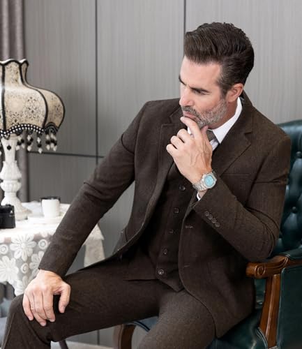 Mens 3 Piece Wool Tweed Herringbone Wedding Suit Prom Tuxedos Peak Lapel Dress3