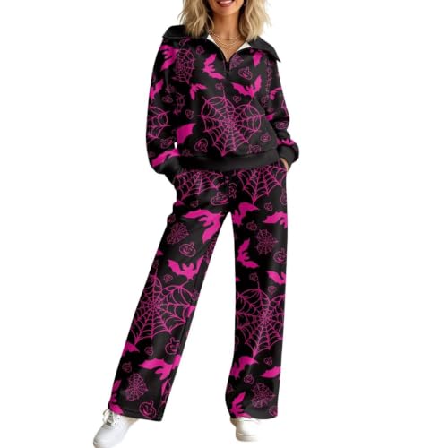 Nuinaserg Halloween Bat Women's 2 Piece Lounge Set Half Zip Collared