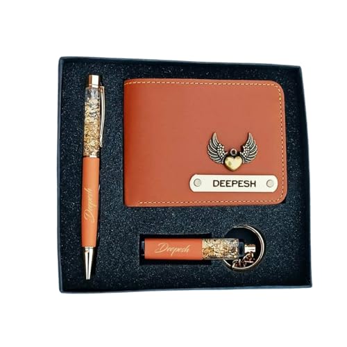 Image of Teak Wood Customized Leather Wallet Pen Keychain Gift Set for Men with Name, Personalized Brown Purse Combo, Stylish Gift for Husband, Boyfriend - Mens Wallets, Wallets for Man, Men Wallet (Orange)