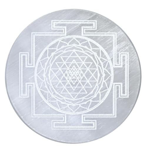 Treemaison Selenite Charging Plate | 3 Inch |Engraved Sri Yantra Selenite Plate for Cleansing, Re-Energy Work ,Meditation & Pooja |Selenite Plate to Charge Reiki (Shree Yantra)