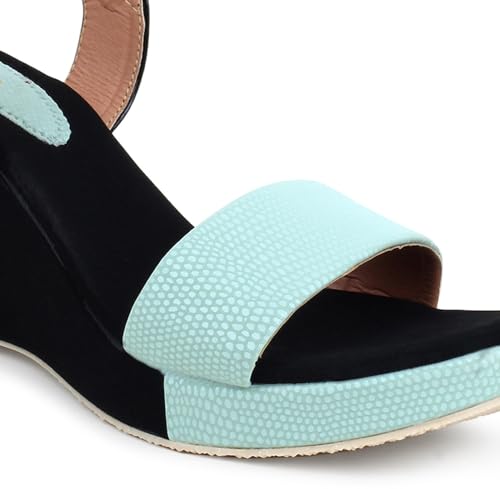 Image of Action Women's Suede Wedge Sandals| Black and Mint| Ankle Strap| Heel Aqua