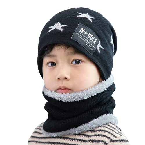GenericNew Variety Store™ 2Pcs Kids Winter Knitted Hats+Scarf Set Warm Fleece Lining Cap for (>12 Yrs) Year Old Boys Girls Black