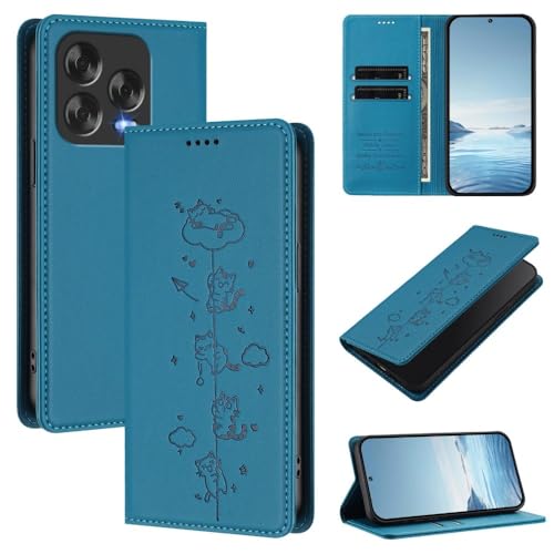 Housse ZTE Blade A53 motif chat en cuir bleu lac idéal pour vos sorties quotidiennes