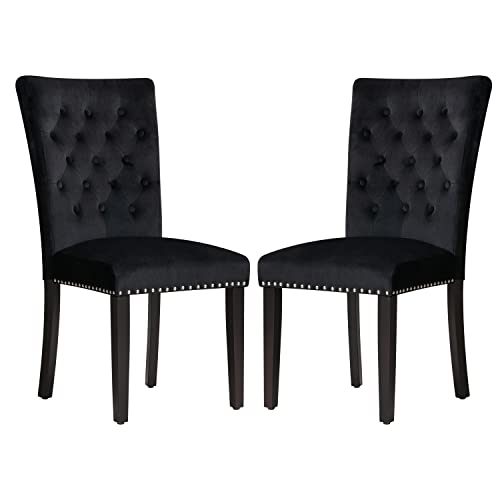 Restworld Velvet Fabric Dining Chair Set Of 2 With Button & Nailhead Decoration, Tufted Upholstered Chair For Bedroom & Dining Room, Modern Luxury Style Solid Wood Legs (Black) #TOP13