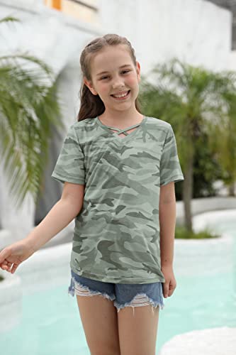 Image of Girls Camouflage Stripe Short Sleeve Shirts V Neck Criss Cross Tees Sweat Kids Casual Sport Tops Blouse（4-15T）