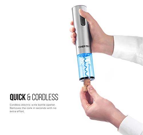 Chefman Electric Wine Opener W/ Foil Cutter, One-Touch, Open 30 Bottles On Single Charge, Automatic Corkscrew & Foil Remover, Rechargeable Battery, 110 Watts, 120 Volts #TOP2