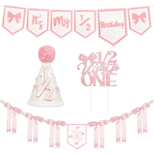 Image of 1 /2 Birthday Girl Half Birthday Decorations Pink Bow It's My 1 /2 Birth Banner Glitter Cake Topper Ribbon Bow Wood Bead High Chair Banner & Cone Hat 6 Months birthday Decorations Party Supplies (Pink)