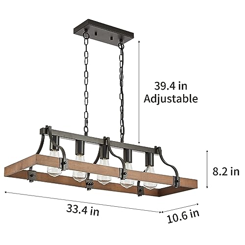 Feohak 001 Farmhouse Chandeliers For Dining Room, 5-Light Rustic Kitchen Island Light Fixture, Wood Linear Industrial Black Rectangular Ceiling thumb #2