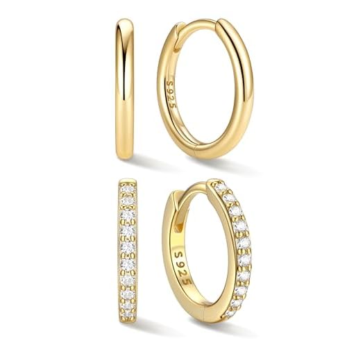 ChicSilver Gold Hoop Earrings Set Huggies Earrings for Women, 14K Gold Hoop Earrings & CZ Huggie Hoop Earrings 10MM