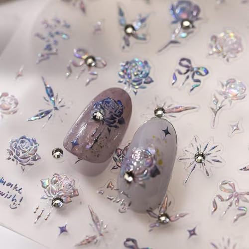 Image of Rose Nail Art Stickers 5D Embossed Nail Decals Rhinestone Nail Art Design Ombre Flower Nails Stickers for Nails Art Supplies Charm for Women Manicure DIY Decorations Accessories