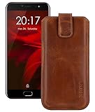 Suncase ECHT Ledertasche Leder Etui *Slim-Edition* kompatibel mit Ulefone Gemini Pro Hülle (mit Rückzugsfunktion & Magnetverschluss) antik Cognac