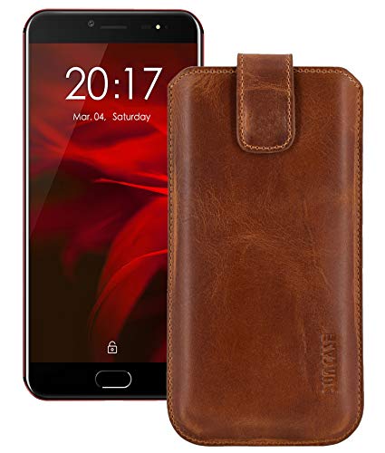 Suncase ECHT Ledertasche Leder Etui *Slim-Edition* kompatibel mit Ulefone Gemini Pro Hülle (mit Rückzugsfunktion & Magnetverschluss) antik Cognac