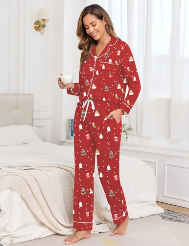 Image of Veseacky 100% Cotton Women's Pajama Set Long Sleeve Button Down Sleepwear Soft Pjs Lounge Sets Nightwear Pjs XS-XXL