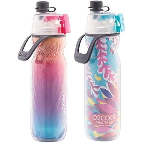 O2COOL Arctic Squeeze Insulated Mist 'N Sip Water Bottle | 2 Pack- 20 oz | BPA Free, 2-in-1 Mist and Sip Function w/No Leak Pull Top Spout (Ras Ombre/Tropical) Cover