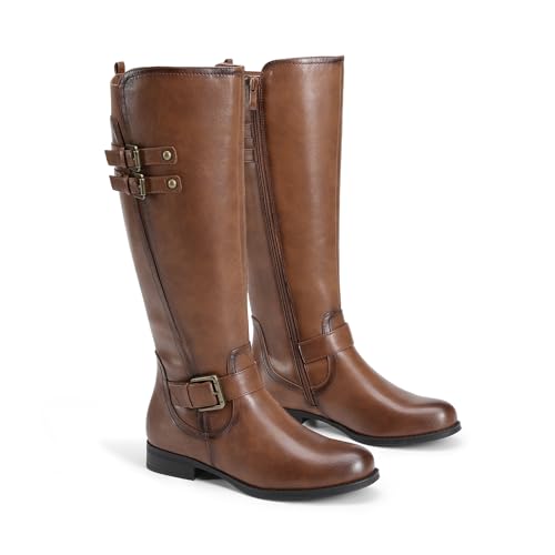 DREAM PAIRS Women's Knee High Riding Pirate Boots, Comfortable Low Chunky Heel Flat Motorcycle Buckle Boots for Women3