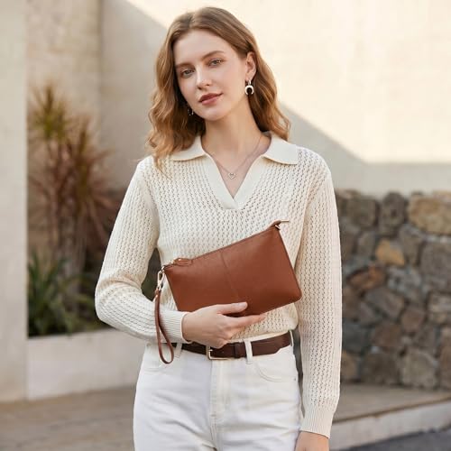 Image of YALUXE Genuine Leather Wristlet Handbags Purses Cell Phone Pocket Clutch Wallet Crossbody Bags for Women
