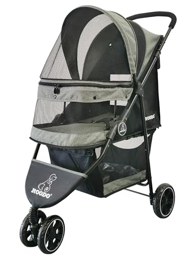 ROODO 3 Wheel Dog Pet Cat Stroller Best Lightweight Foldable Compact Portable Jogger All Terrain Travel Pet Gear Puppy Kitty Stroller for up to 30lbs Medium Small Dogs and Cats(Cationic ash)