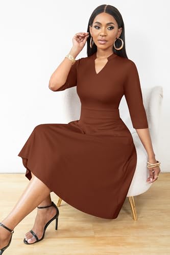 Image of Nmoder Casual Dresses for Women Semi Formal Fit and Flare 3 /4 Sleeve A-line Church Work Dress with Pockets