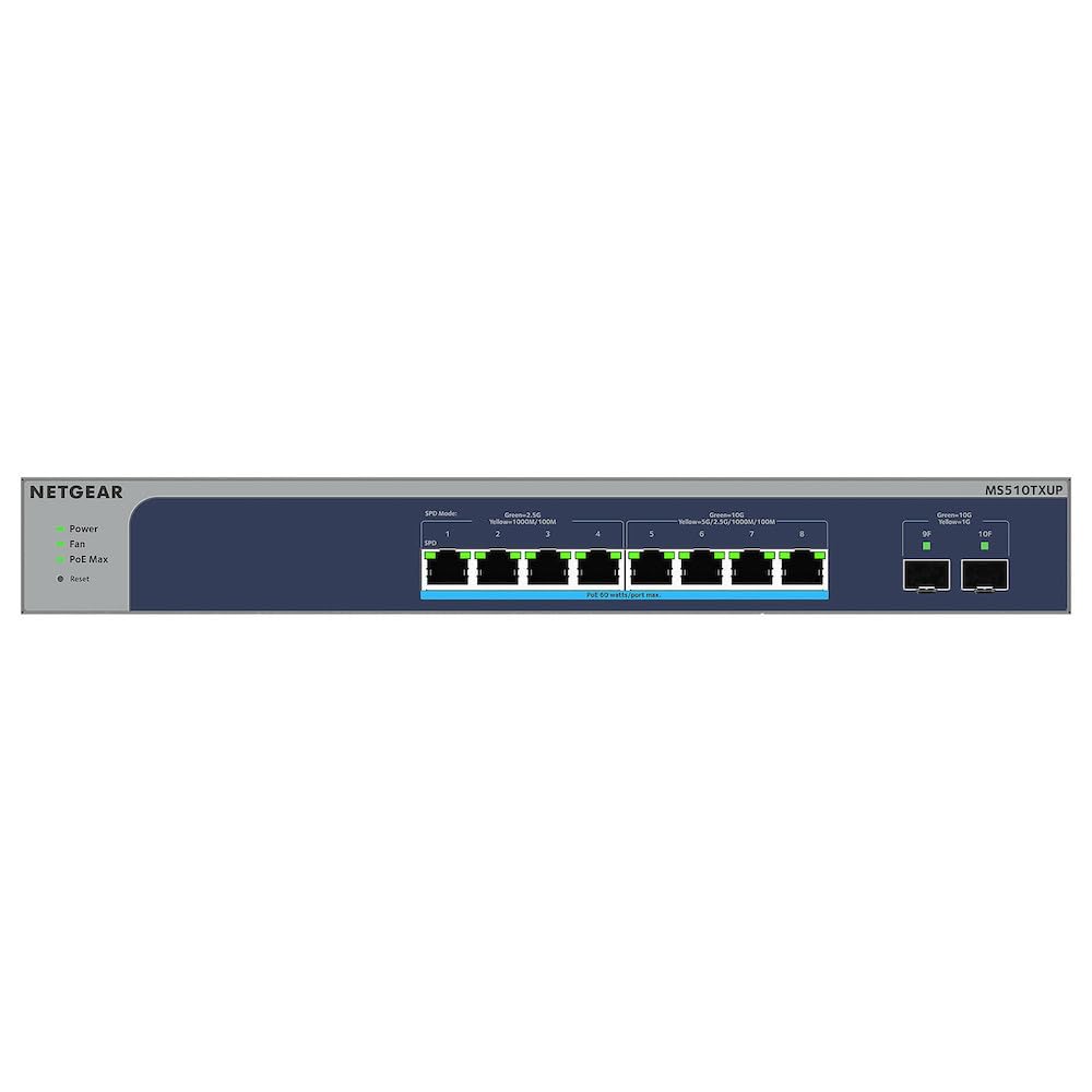 NETGEAR Switch de 10 Puertos 10 GB MS510TXUP - Switch MultiGigabit Ultra60 PoE Plus - 8X PoE++ a 295 W - 2X 10 Gigabit SFP+ - Montaje en sobremesa o en Bastidor, y protección ProSAFE de por Vida