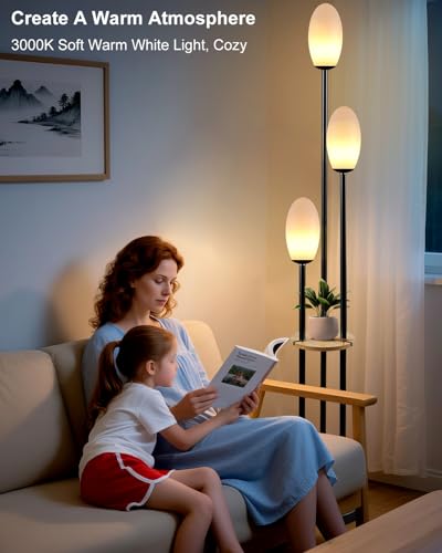 Image of Black Dimmable Floor Lamp with Table, Unique Tall Standing Lamps with 3000K G9 Bulbs for Reading, Mid Century Modern Floor Lamp with 5Lbs Heavy Base for Living Room Bedroom Office