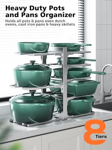Image of MUDEELA 8-Tier Pots and Pans Organizer under Cabinet, 15.83 inch Height Heavy Duty Pot Pan Organizer Kitchen Cabinet Organization and Storage, Adjustable Pot Rack for Frying Pan, Cast Iron Skillet, Sliver