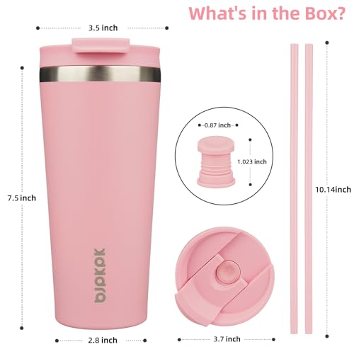 Image of BJPKPK 22 oz Coffee Tumbler with Straw, Insulated Stainless Steel Cup | Double Wall Vacuum, Leak Proof Lid, Keeps Hot /Cold /Iced, BPA Free, Dishwasher Safe, Cupholder Friendly, Travel, Light Pink