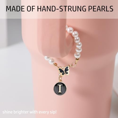 Image of Letter Charm for Stanley Cup,Pearl Chain Accessories Stanley Cup Initial Charms for Handle Stuff Decor Water Bottle Jewelry Tumbler Cute Personalized Name ID Decorations Black Tag (I)