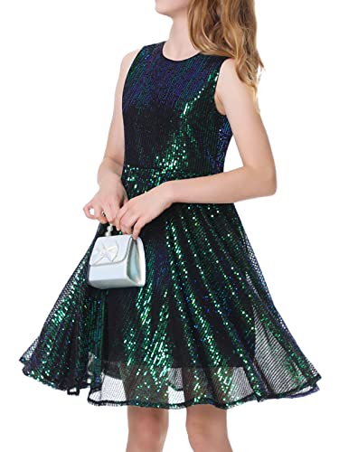 Mebius Girls Sequin Dress Sleeveless Sequence Sparkle Special Occasion Kids Sparkly Dress For Party Birthday Iridescent Green 10Y #TOP2