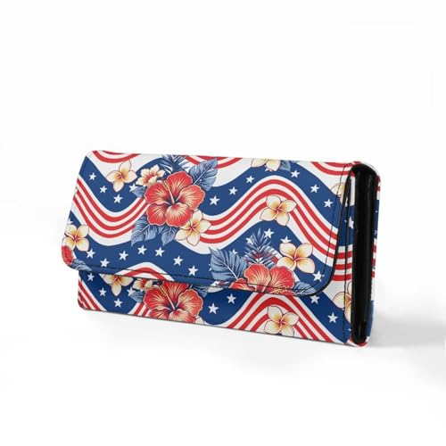 Image of AFPANQZ Womens Leather Wallets Large Capacity Card Holder Zipper Travel Purse, American Stripe Flower Phone Holder Coin Zip Pocket Multi Cards