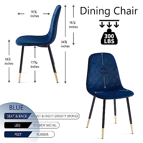 NORDICANA Velvet Dining Chairs Kitchen Plain Color Chair Upholstered Side Stools with Backrest Metal Legs Set of 4, Navy Blue