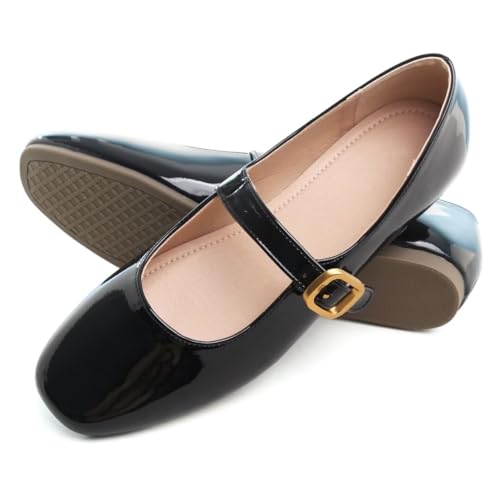 Image of TN TANGNEST Leather Flats for Women Retro Mary Jane Flats | Comfortable Square Toe Slip On Flats with Buckle Strap, Soft Work Flats Office Shoes